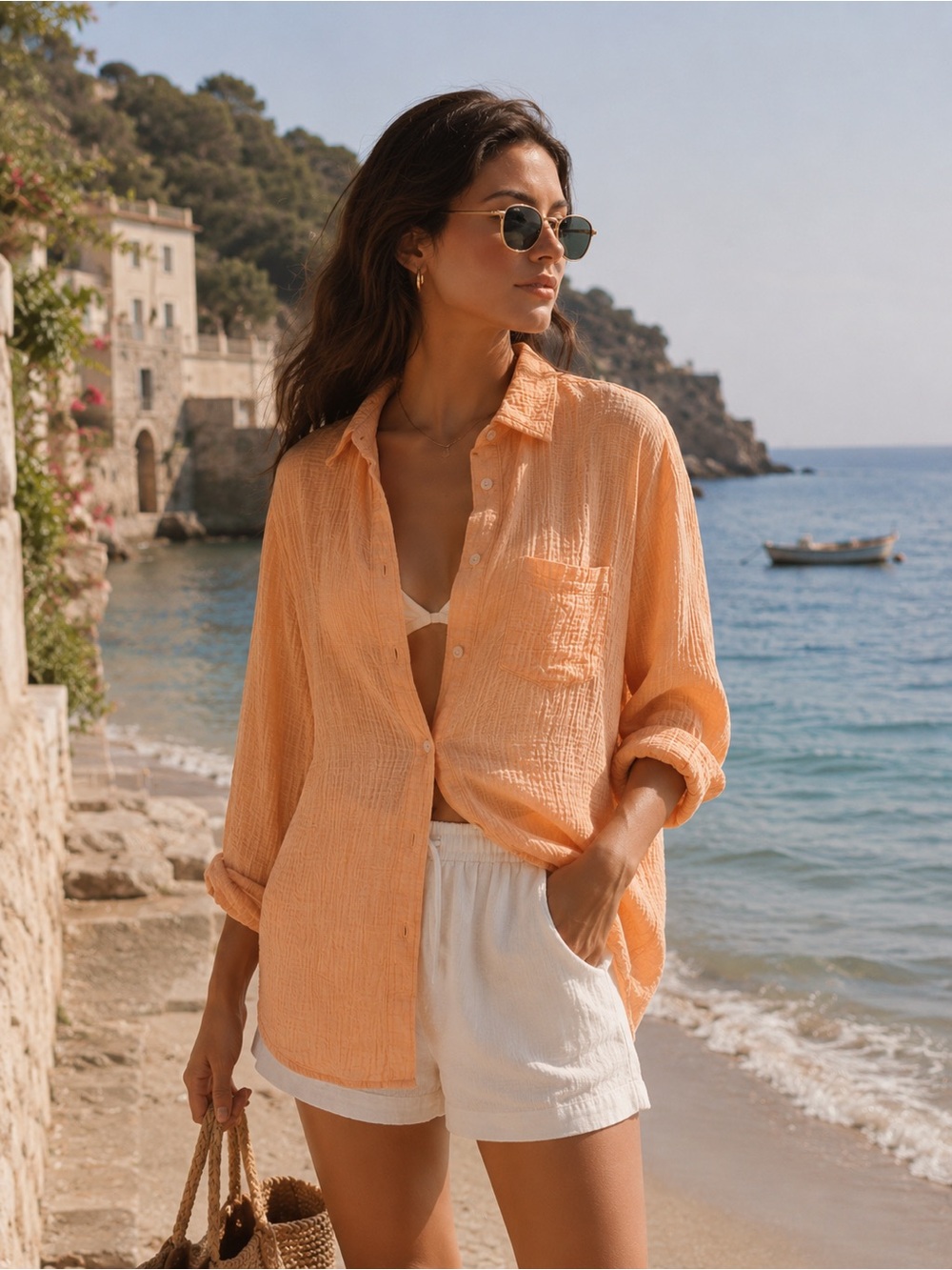 J.Crew Crinkle Gauze Orange Shirt Classic Fit
